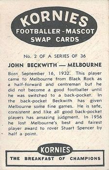 1957 Kornies Footballer Mascots #2 John Beckwith Back